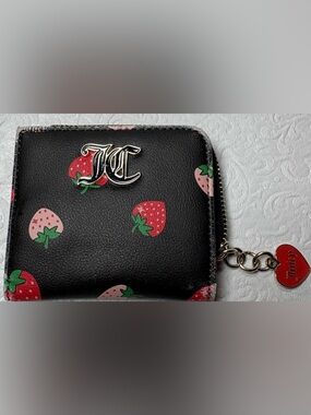 Juicy Couture Black Strawberry Print Zip Wallet with Silver JC Logo